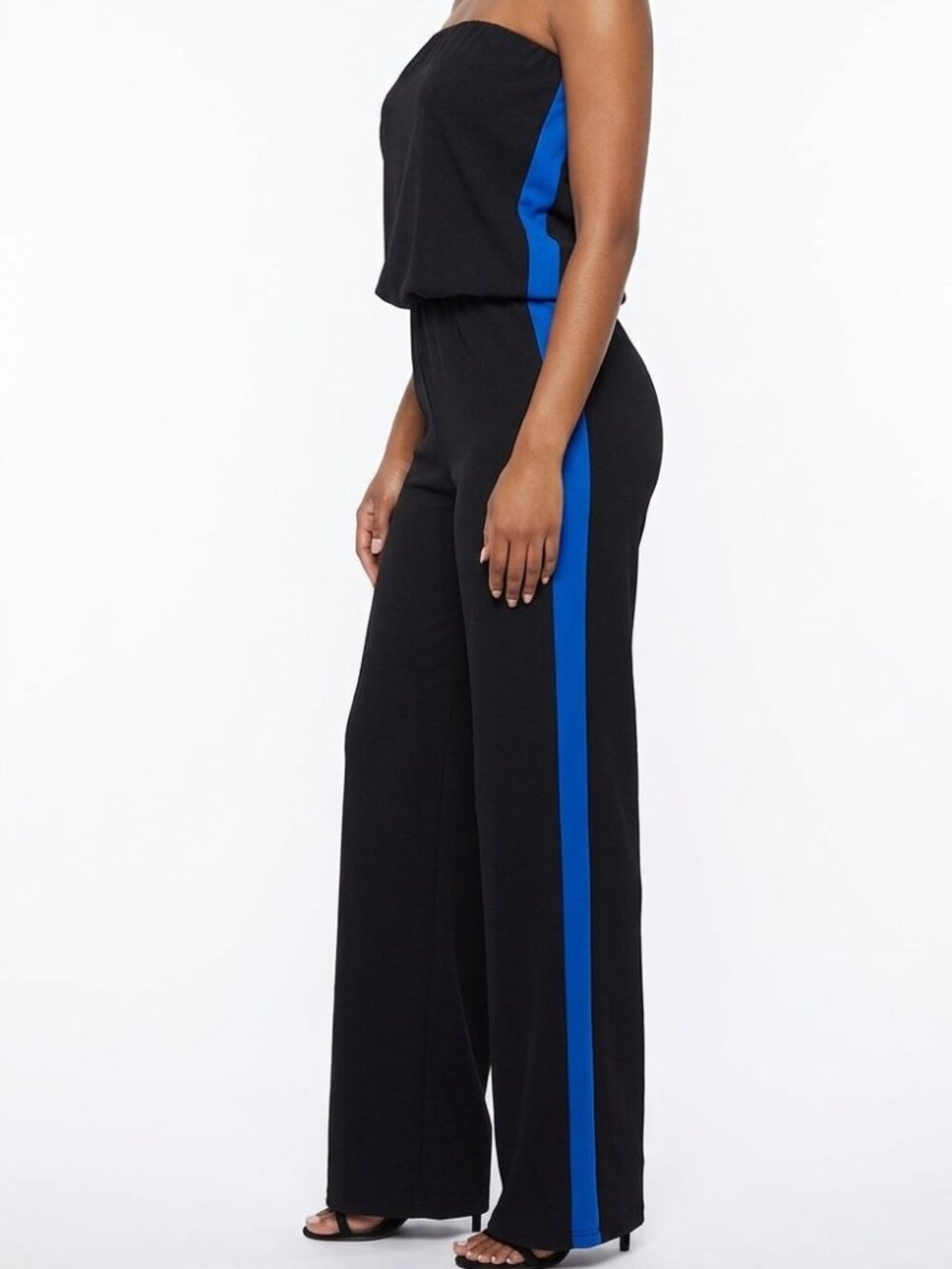 NWT Alexis Jumpsuit Zuri Black Strapless Black Blue Stripe Jessie Blouso…